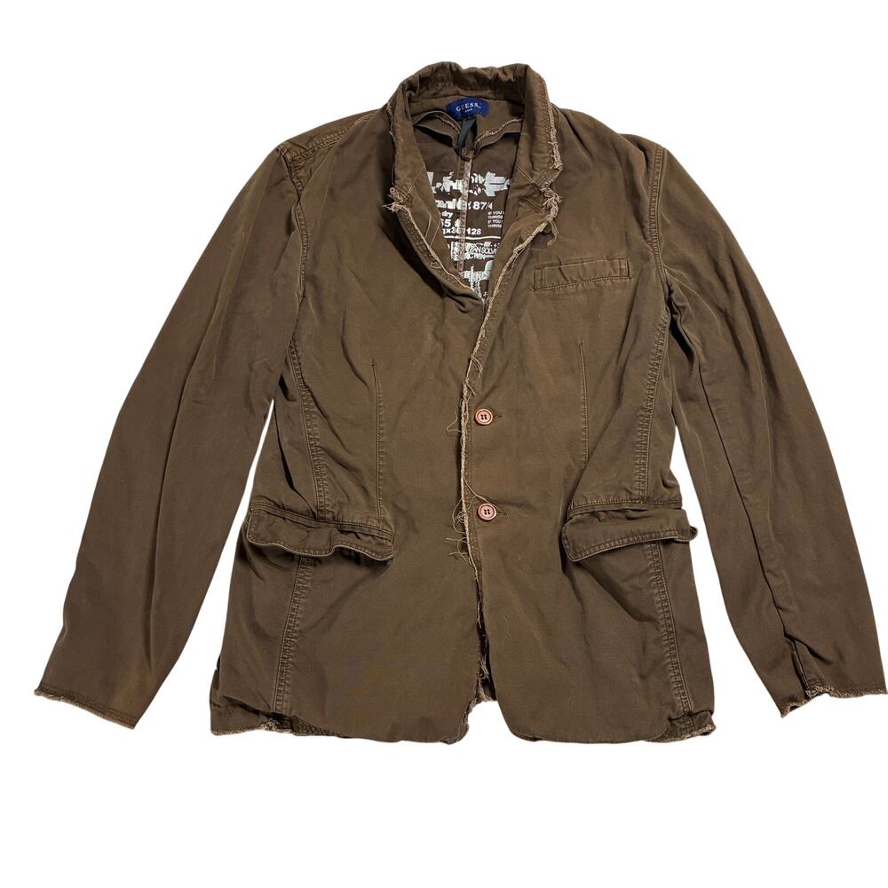 Vintage Guess Coat Medium Brown Y2K Distressed Gas Mask Graphic Canvas 2000s